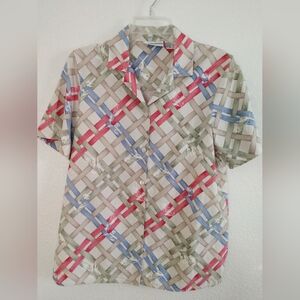Lovely Alfred Dunner Linen Blend Short Sleeve Shirt Pink Blue Size 8 Chest 34"